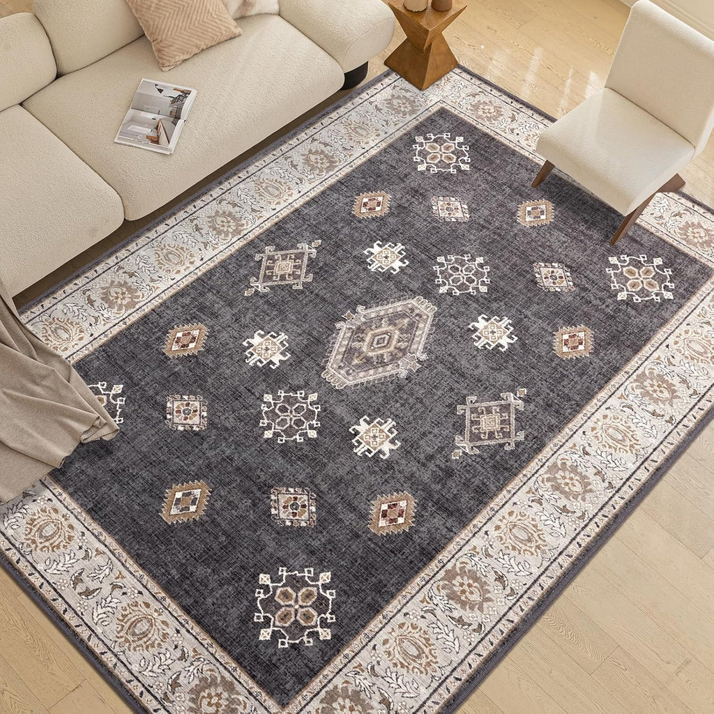ILANGO Washable Area Rugs 5x7 for Living Room Vintage Area Rugs Non Slip Boho Dining Room Rugs for Under Table Ultra-Thin Low-plie Floor Carpet for Bedroom Farmhouse
