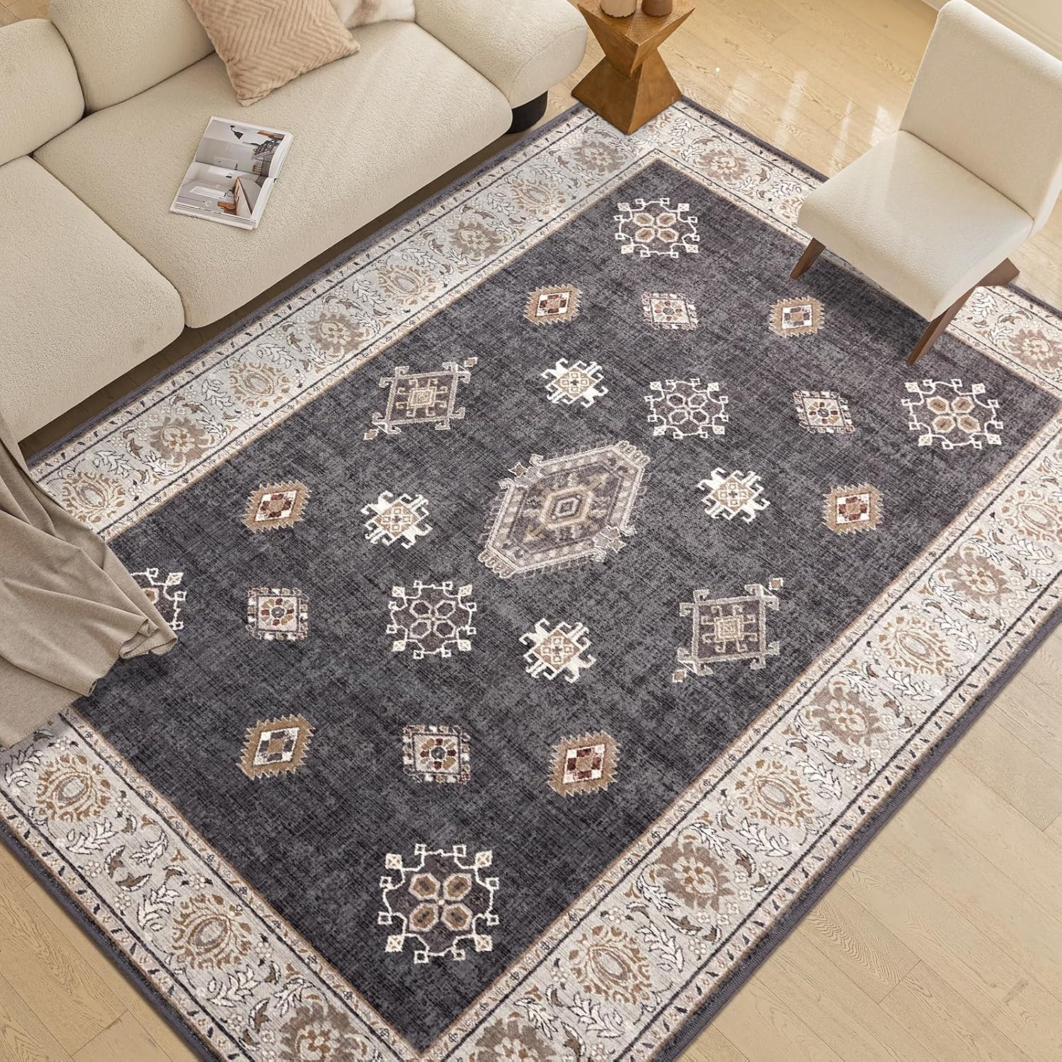 ILANGO Washable Area Rugs 5x7 for Living Room Vintage Area Rugs Non Slip Boho Dining Room Rugs for Under Table Ultra-Thin Low-plie Floor Carpet for Bedroom Farmhouse