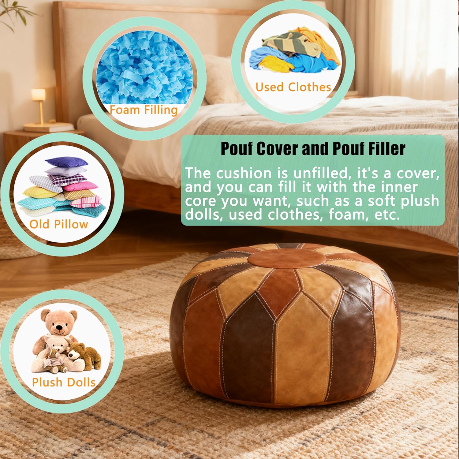 Thgonwid Unstuffed Moroccan Faux Leather Pouf Ottoman Cover with Storage - Boho Chic Multi-Use Footrest for Living Room, Bedroom, Patio - Round Ethnic Floor Cushion & Decorative Accent, Tricolor