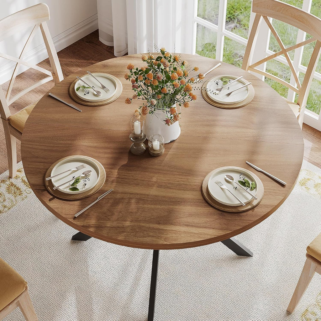 ChooChoo 47.2 Inch Round Dining Table for 4, Farmhouse Wood Kitchen Table, Round Dinner Table for Kitchen & Dining Room, Walnut