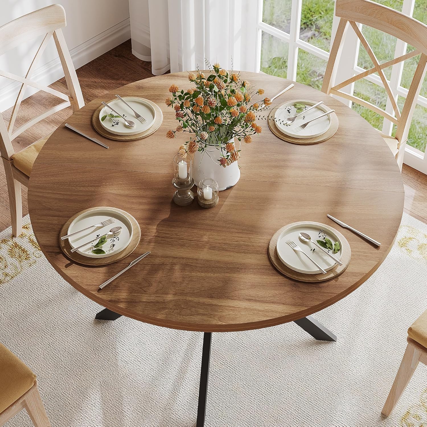 ChooChoo 47.2 Inch Round Dining Table for 4, Farmhouse Wood Kitchen Table, Round Dinner Table for Kitchen & Dining Room, Walnut