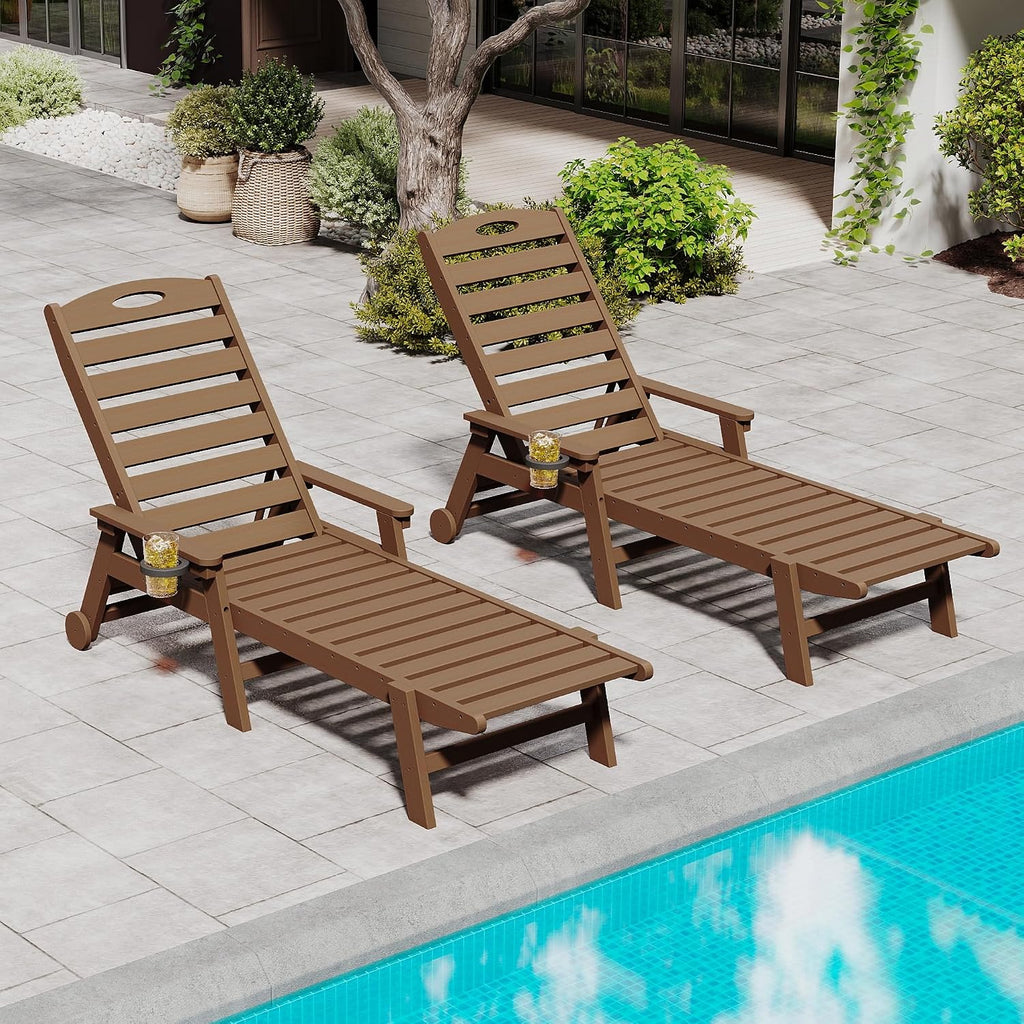 Domi Outdoor Chaise Lounge Chairs Set of 2, HDPE All-Weather Pool Loungers with 5-Position Adjustable Reclining Backrest & Rolling Wheels for Poolside Sunbathing Tanning, Brown