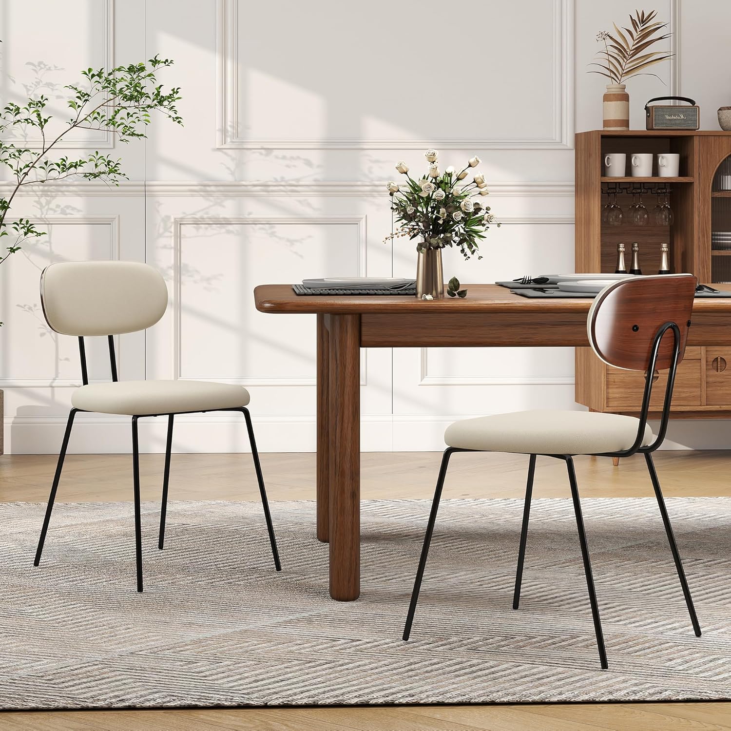 LSSPAID Dining Chairs Set of 2, Linen Fabric Upholstered Dining Room Chairs with Walnut Bentwood Back, Mid-Century Modern Kitchen Chairs with Adjustable Feet Pads, Beige