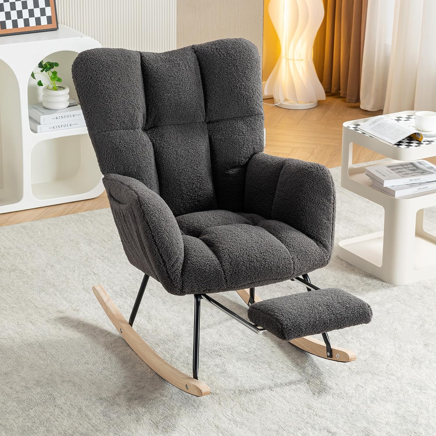 Modern Teddy Fabric Leisure Rocking Chair with Adjustable Footstool, High Backrest, Storage Pocket On The Right Side, Nursery Rocking Chair for Living Room, Bedroom, Nursing Room, Gray