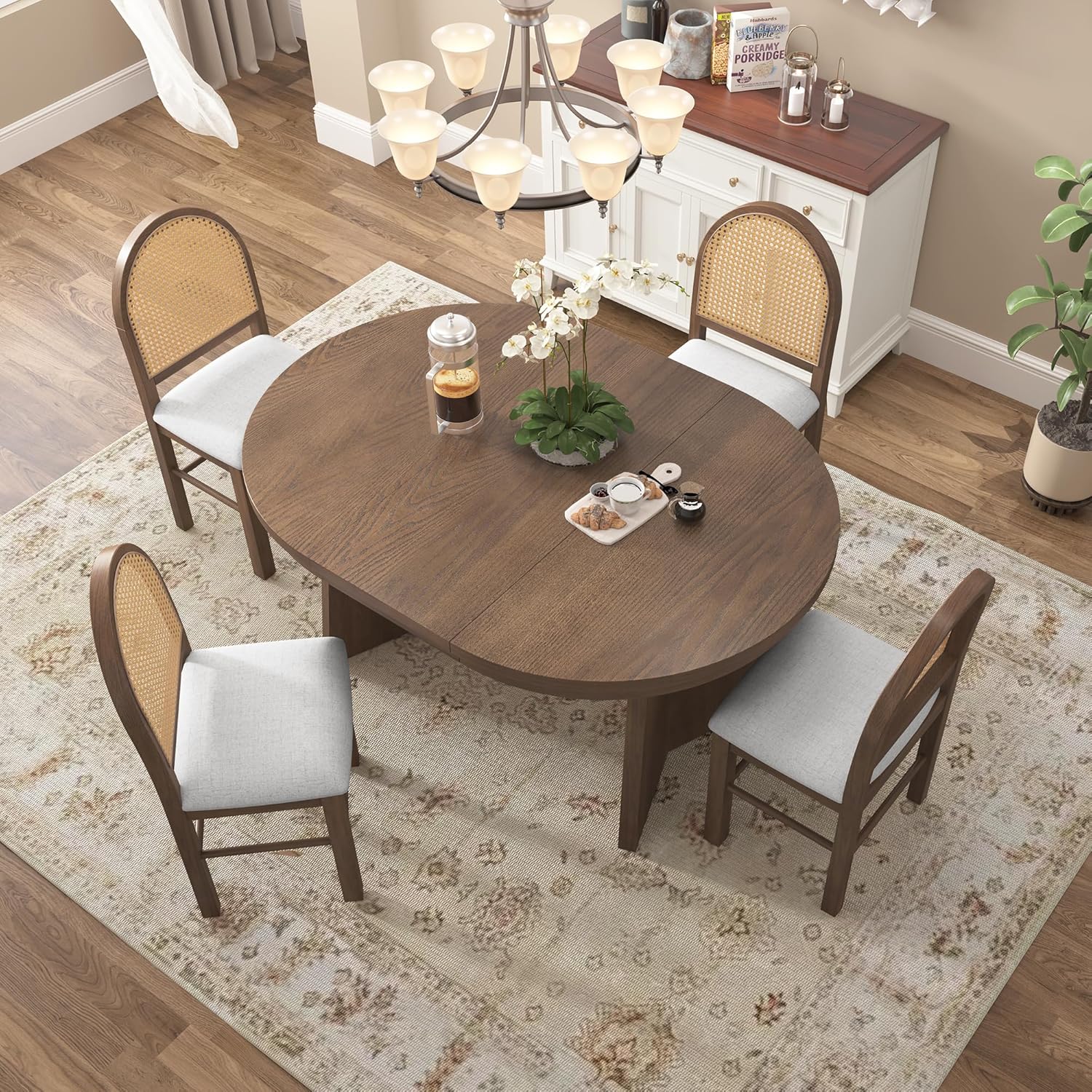 Harper & Bright Designs 5-Piece Extendable Round Dining Table Set for 4, Modern Kitchen Table Set with 4 Upholstered Chairs, Kitchen Table and Chairs Set for Kitchen Dining Room Home, Walnut+Beige