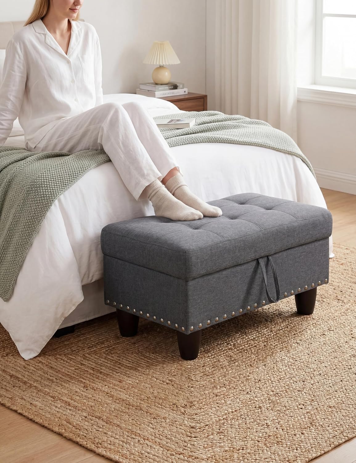 Ottoman with Storage, 28.5 inch Liner Storage Ottoman with Padded Seat, Large Entryway Bench with Solid Wood Frame, Upholstered Sturdy Foot Rest for Living Room, Bedroom, Entryway, Dark Gray