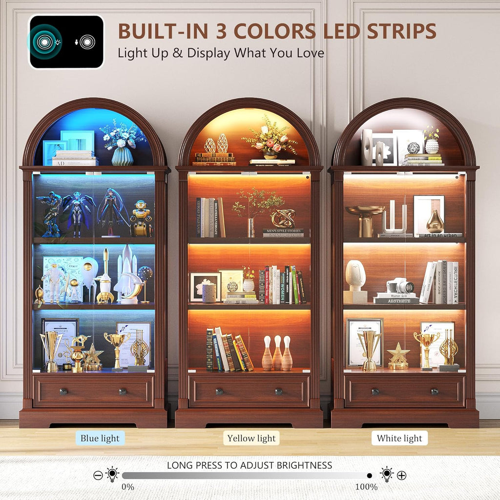 Dystler Curio Cabinet with Glass Doors, 72" Tall Arched Display Cabinet with Human Sensor Lights, 4-Tier Display Case for Collectibles Bookcase Living Room, Walnut