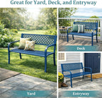 Heavy Duty Blue Steel Patio Garden Bench for 2 – 50" Wide, 790 lbs Capacity – Weather Resistant – Geometric Backrest & Slatted Seat – Porch, Deck, Entryway – Blue