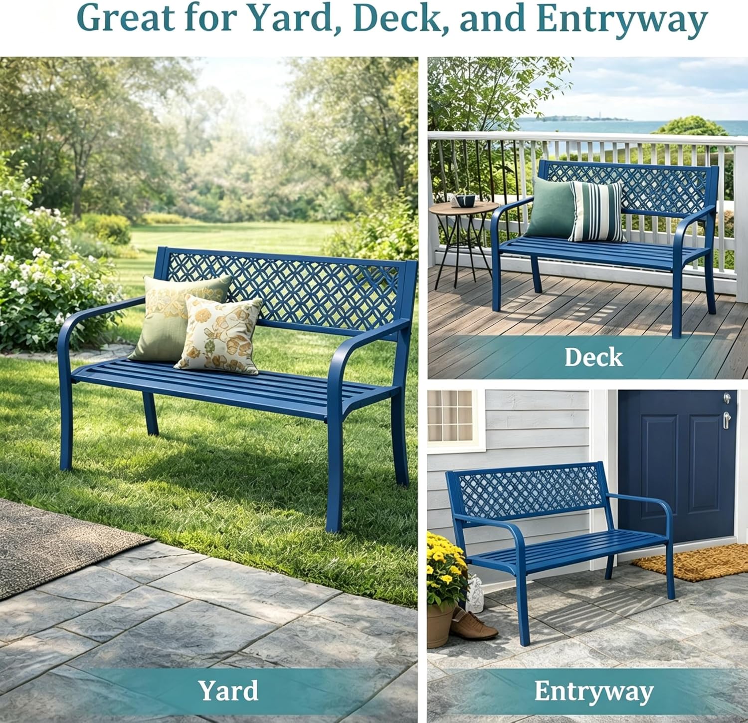 Heavy Duty Blue Steel Patio Garden Bench for 2 – 50" Wide, 790 lbs Capacity – Weather Resistant – Geometric Backrest & Slatted Seat – Porch, Deck, Entryway – Blue