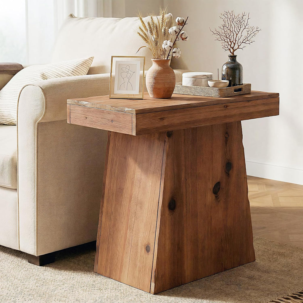 Solid End Table, 23.6" Wood Side Table with Trapezoid Base for Small Space, Living Room, Easy Assembly, Warm Walnut Brown