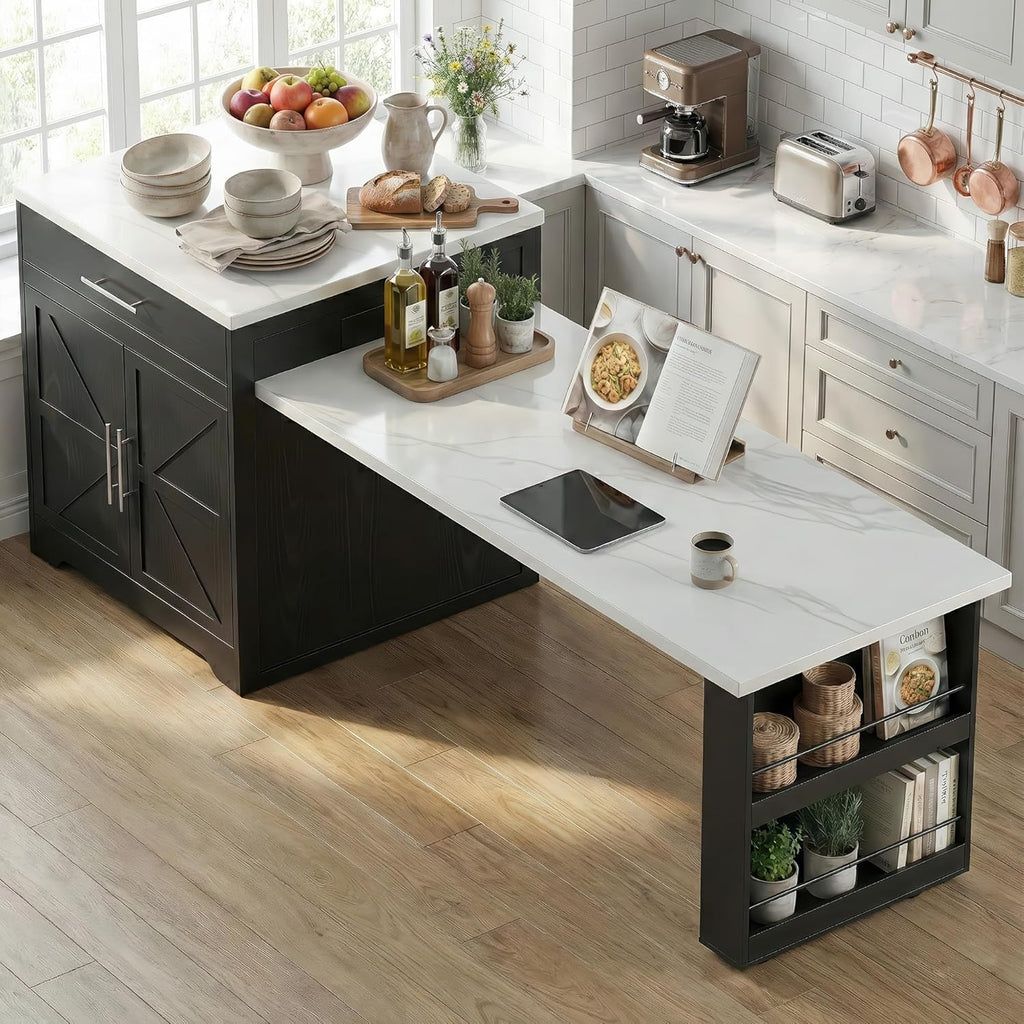 Kitchen Island with Extendable Dining Table for 4-6, Farmhouse Rolling Mobile Center Islands with Storage, Wine Glass Rack, Charging Station, 2 Drawers 2 Side Open Shelves, White marble-patterned