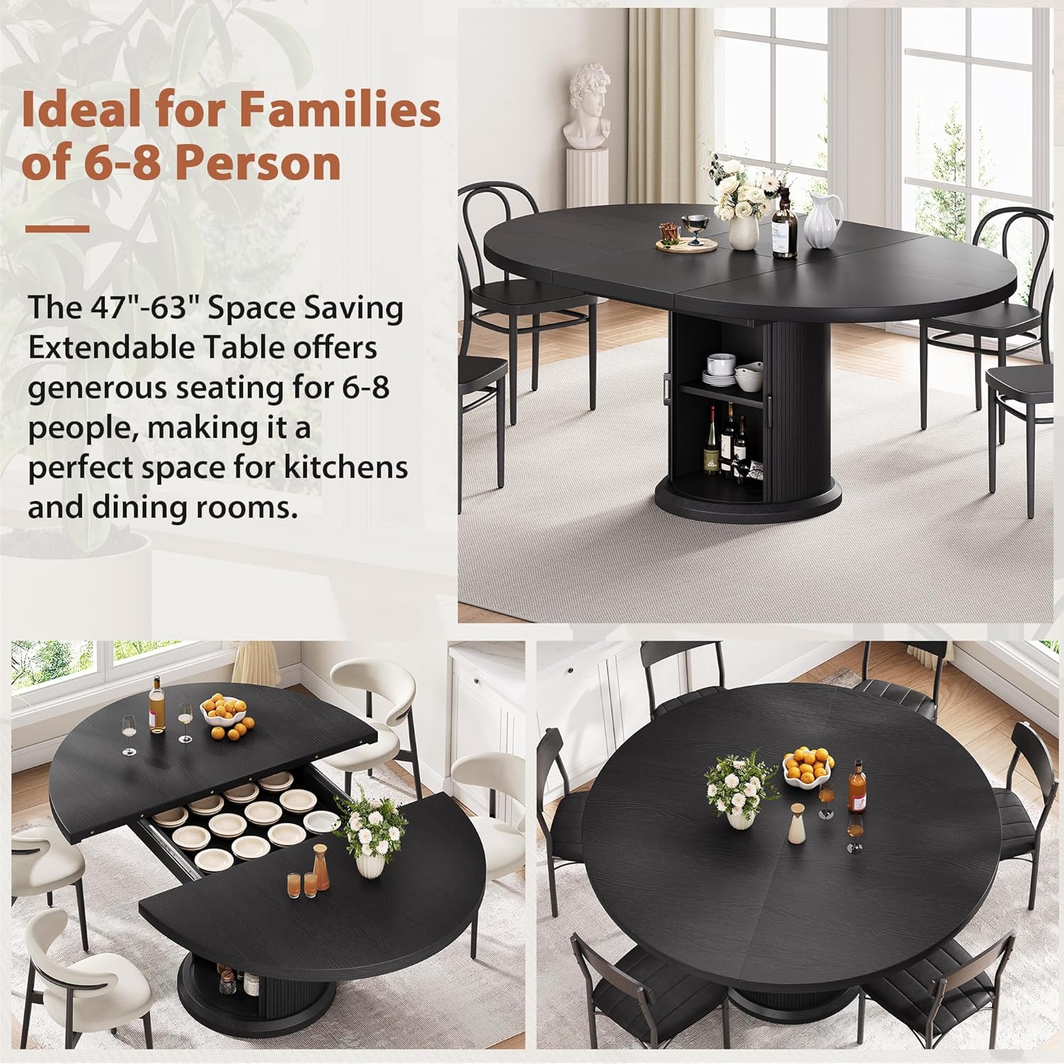 47"–63" Extendable Round Dining Table for 4-8, Expandable Kitchen Dining Table with Hidden 2-Tier Storage Shelf, Space-Saving Oval Dining Room Table with Pedestal Base, Black