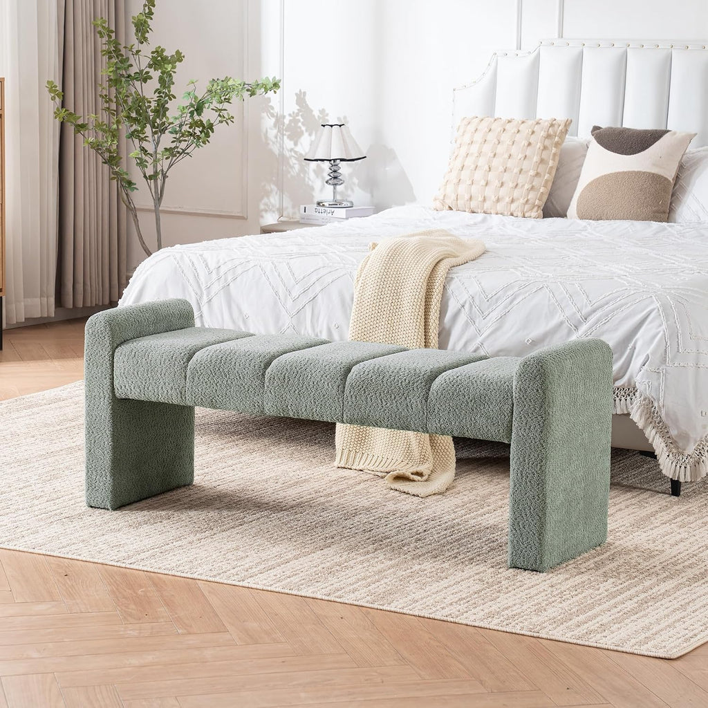 Boucle End of Bed Bench Upholstered Modern Bedroom Bench Channel Tufted Window Bench Comfy Long Ottoman for Living Room/Hallway/Indoor (SAGE, 54" Straight Arm)