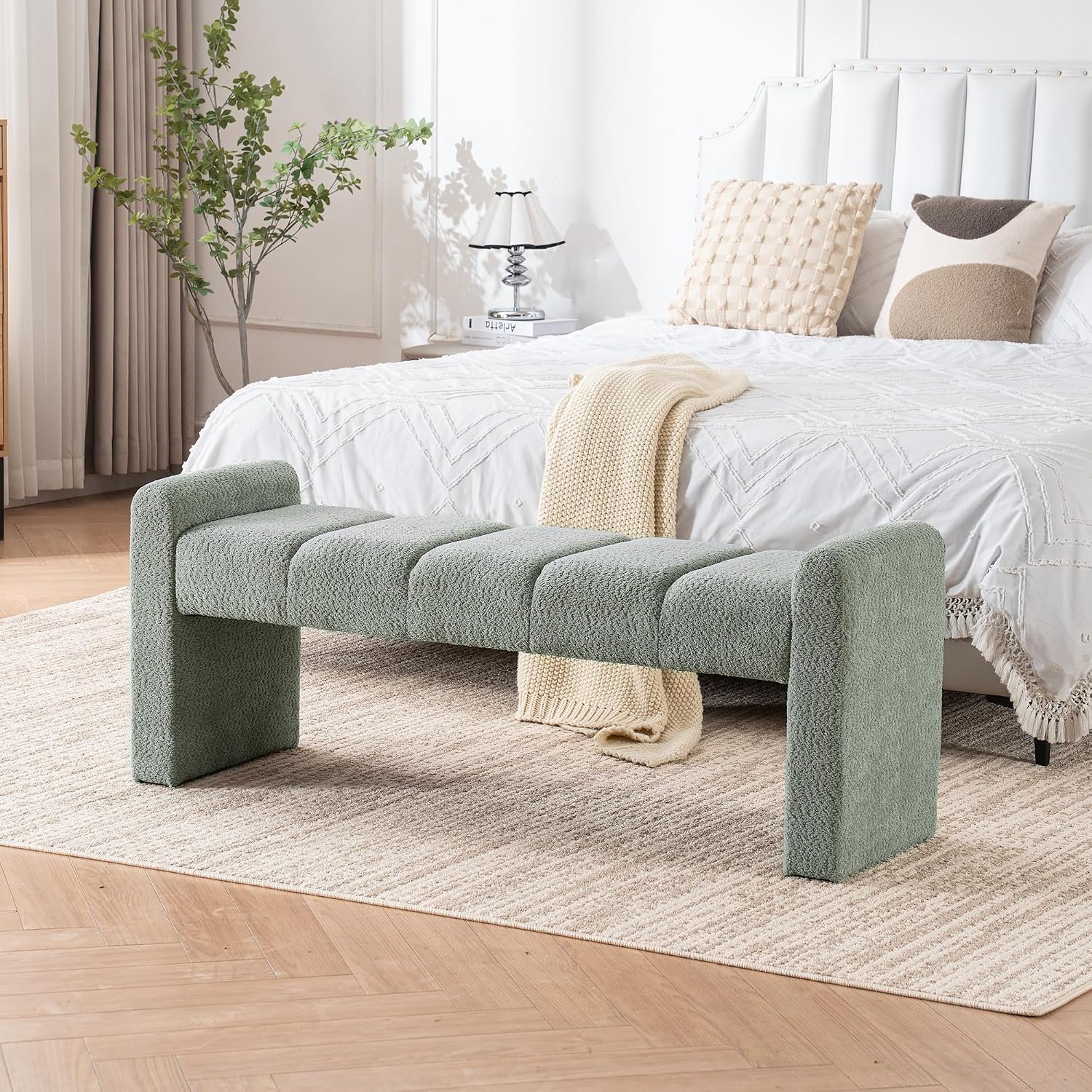 Boucle End of Bed Bench Upholstered Modern Bedroom Bench Channel Tufted Window Bench Comfy Long Ottoman for Living Room/Hallway/Indoor (SAGE, 54" Straight Arm)