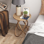 Farmhouse Round End Table with Curved Crossed Base, Natural Brown | Rustic Wood Sofa Side Table, Plant Stand for Living Room, Small Space, Easy Assembly