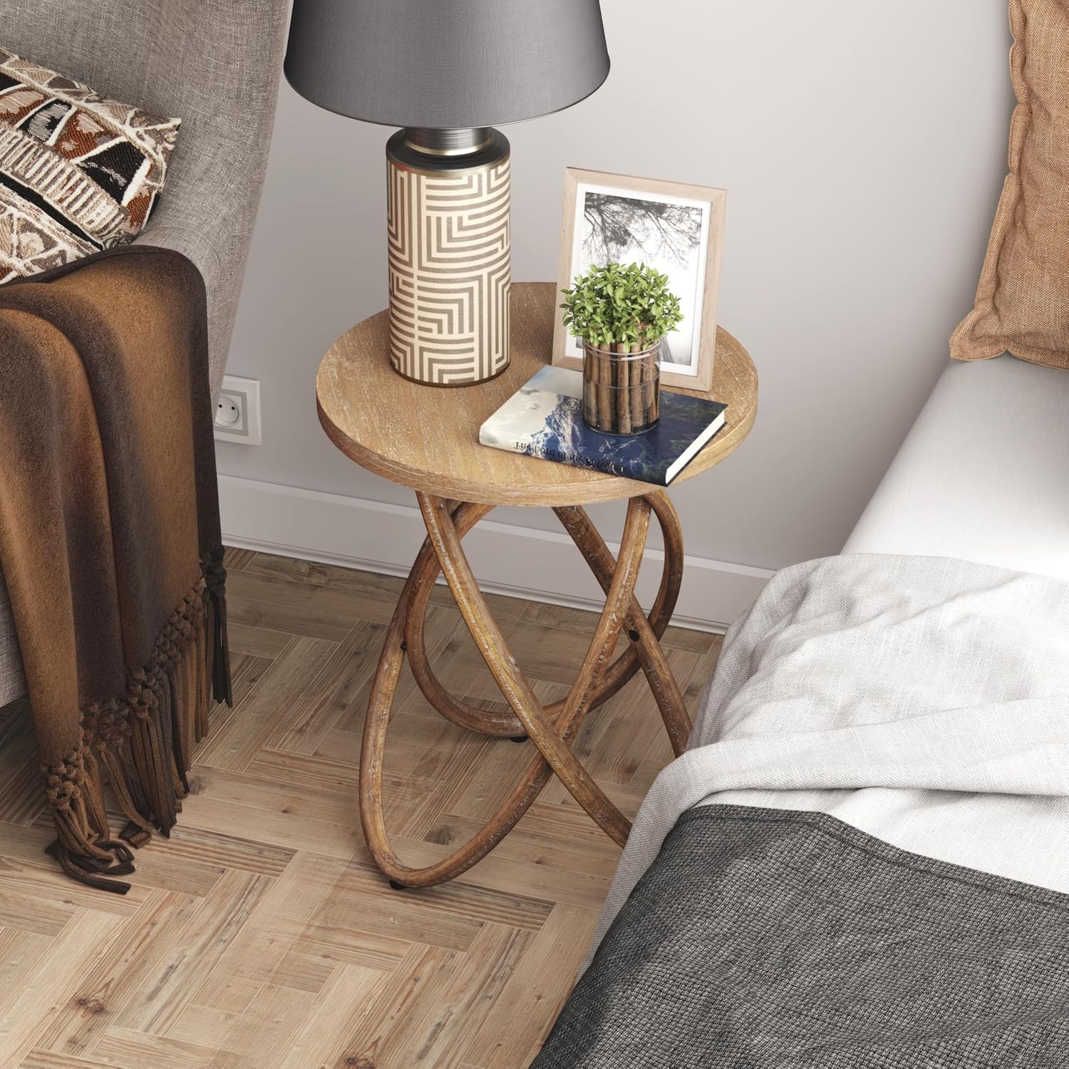 Farmhouse Round End Table with Curved Crossed Base, Natural Brown | Rustic Wood Sofa Side Table, Plant Stand for Living Room, Small Space, Easy Assembly