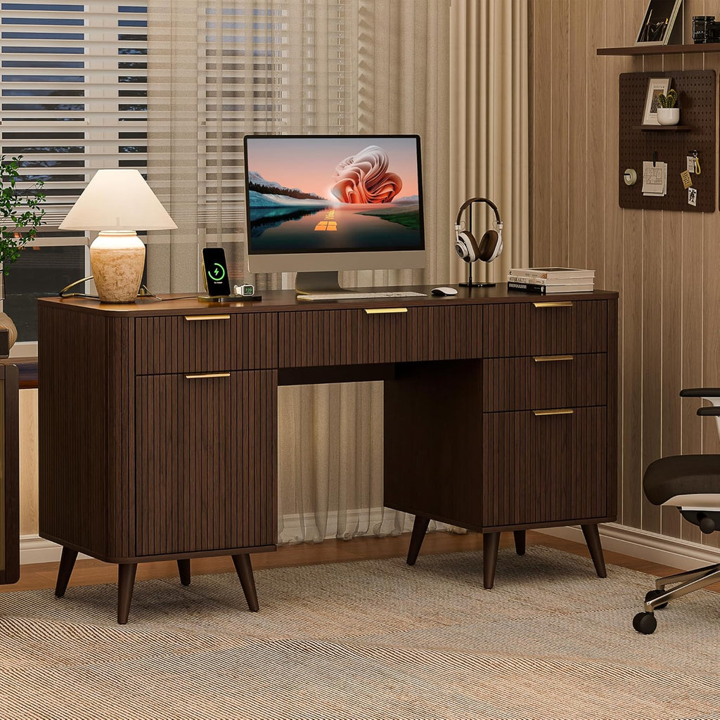 Alohappy 59" Fluted Executive Desk with 5 Drawers & Charging Station, Large Wood Computer Desk with File Drawer and Storage Cabinet, Modern Home Office Desk with Power Outlet for Study, Walnut