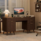 Alohappy 59" Fluted Executive Desk with 5 Drawers & Charging Station, Large Wood Computer Desk with File Drawer and Storage Cabinet, Modern Home Office Desk with Power Outlet for Study, Walnut
