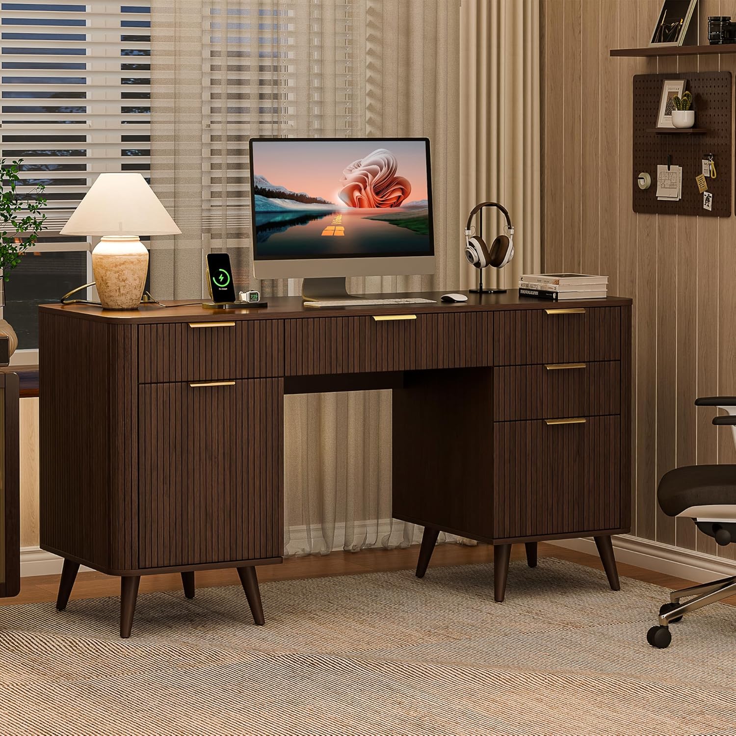 Alohappy 59" Fluted Executive Desk with 5 Drawers & Charging Station, Large Wood Computer Desk with File Drawer and Storage Cabinet, Modern Home Office Desk with Power Outlet for Study, Walnut