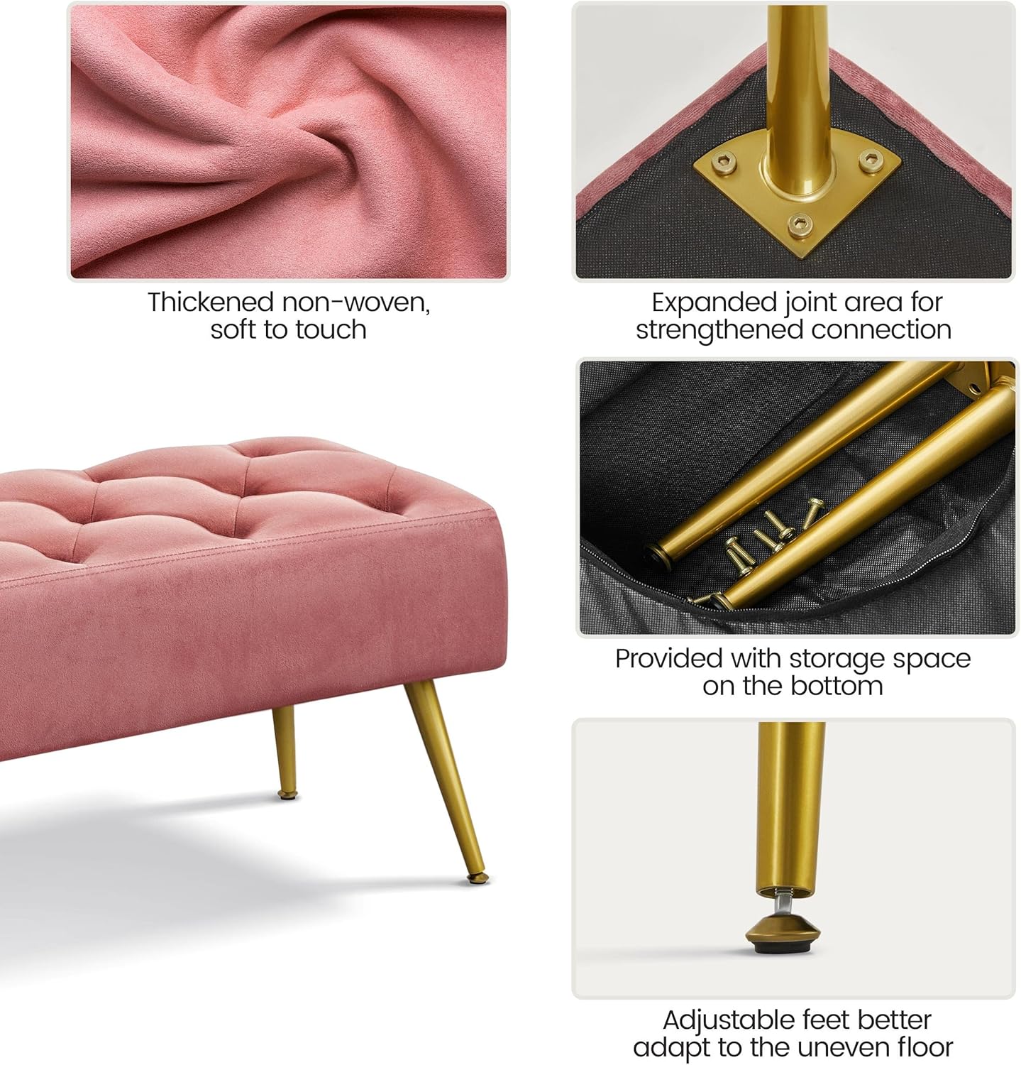 Topeakmart Dining Bench, Button-Tufted Upholstered Bench with Gold Metal Base for Kitchen, Living Room, Entryway - Pink