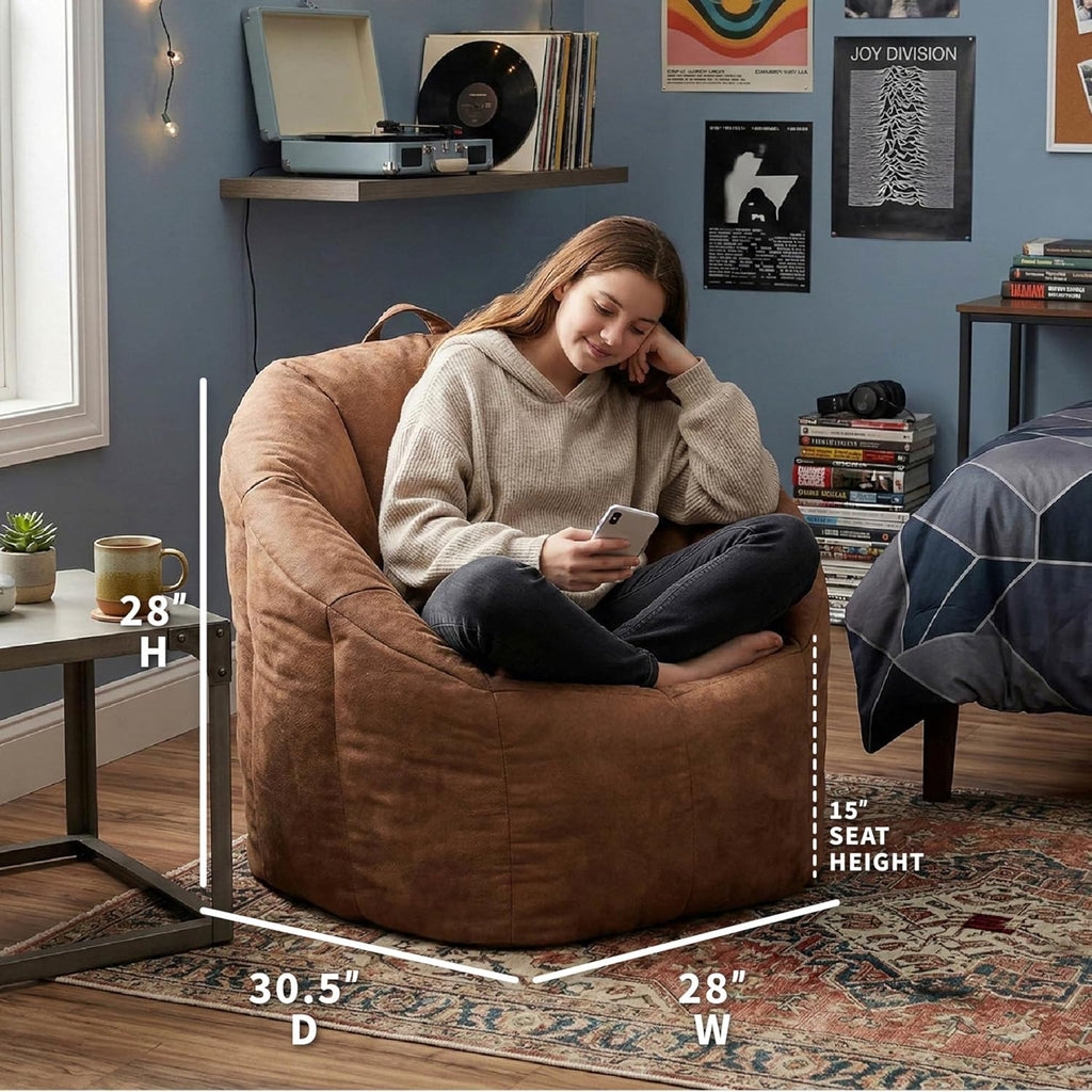 Big Joe Milano Bean Bag Chair for Kids, Teens, Adults, Chestnut Vegan Suede, Lightweight Seat for Reading Nook and Gaming, 2.5 Foot Refillable