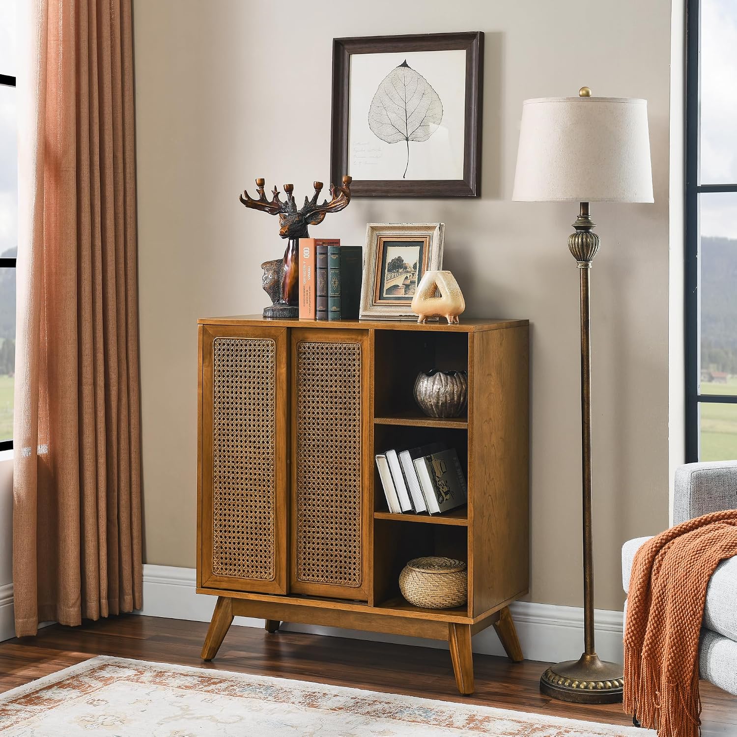 Ball & Cast 32" Mid Century Modern Rattan Sideboard Cabinet with 2 Sliding Doors, Buffet Cabinet w/Adjustable Shelf & Solid Wood Legs for Entryway, Living Room, Kitchen,Dining Room, Light Walnut