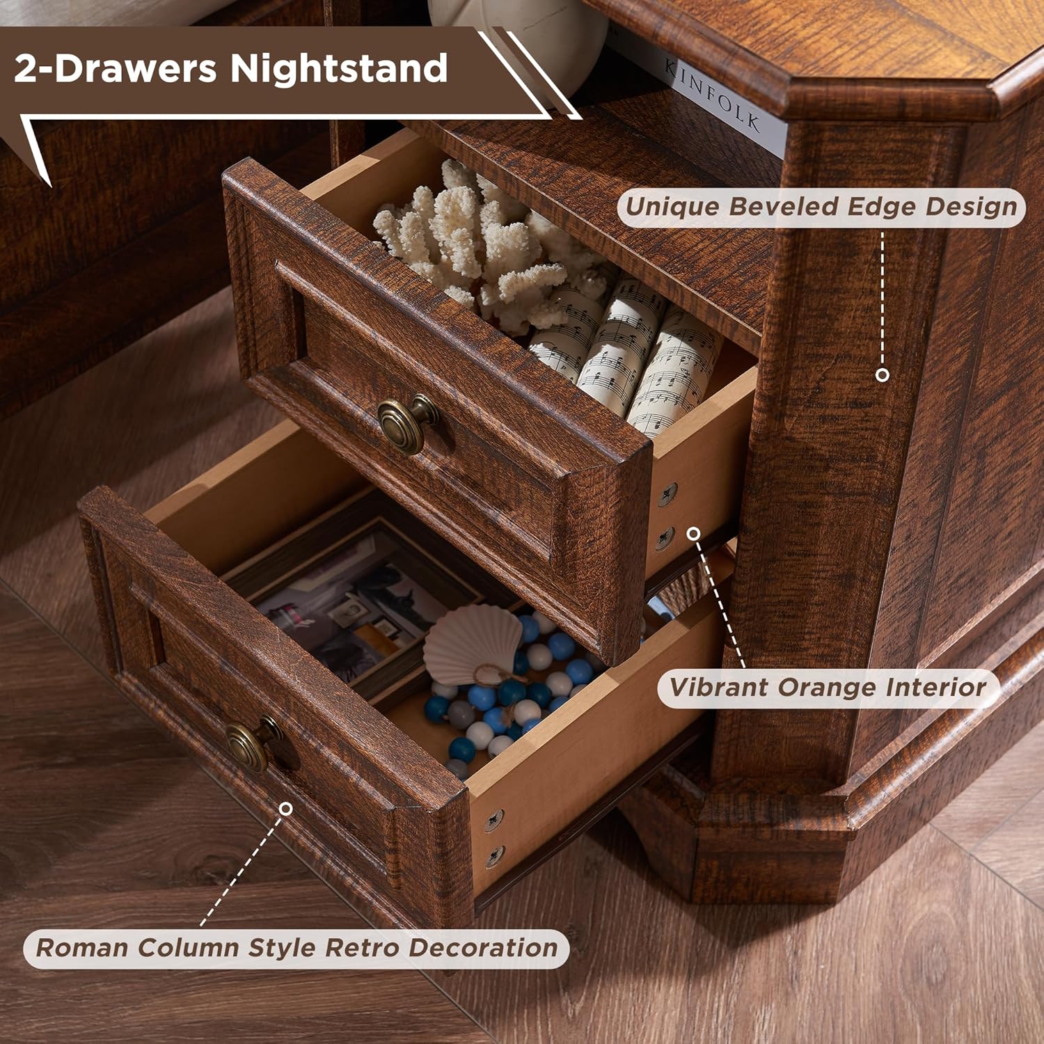T4TREAM Farmhouse Nightstand Set of 2 with Charging Station, 18" End Table with 2 Drawers, Wood Side Table, Bedside Cabinet for Bedroom, Living Room (Brown)