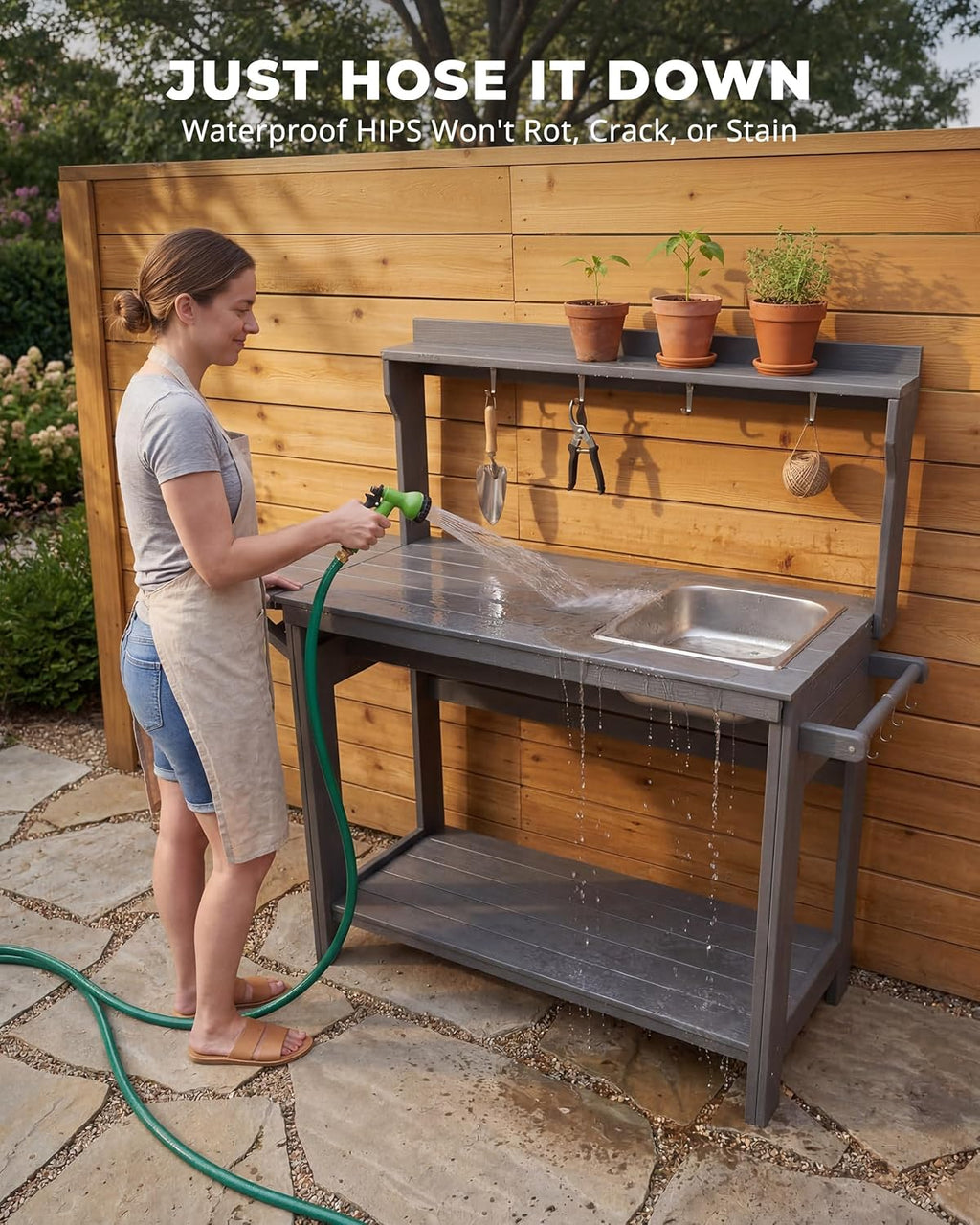 Outdoor Potting Bench Table with Removable Sink, Heavy Duty, Gray | All-weather HIPS, sleek gray finish, fold-out 51.8 in worktop, 7 tool hooks, storage shelves, 240 lb load, no rot or sealing