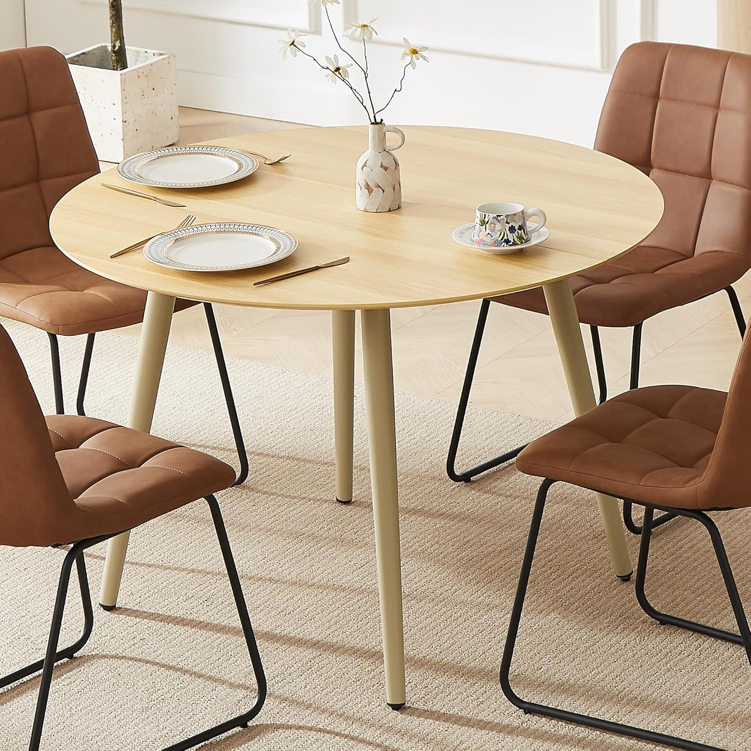 HIPIHOM 43.3 Inch Cream Round Dining Table for 4, Space-Saving Dinette Perfect for Kitchen Dining Living Room(Cream Table)