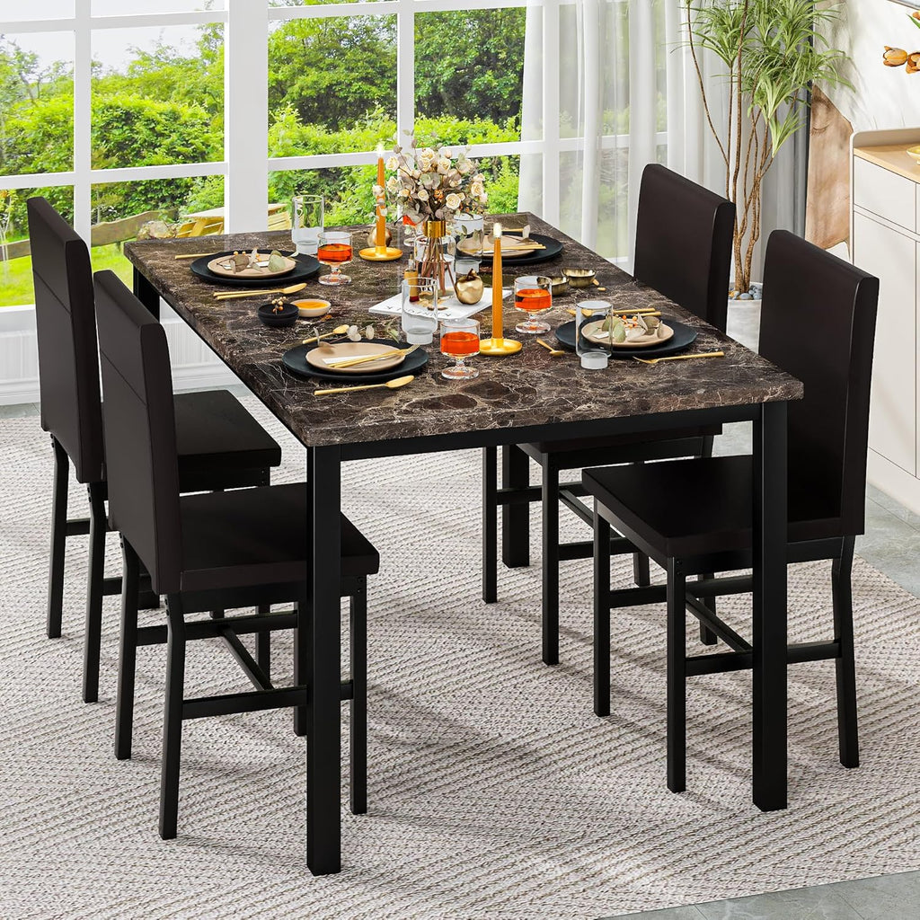 Hooseng 5 Piece Dining Table Set for 4, Faux Marble Kitchen Table with Upholstered Chairs, Modern Dinner Table Set for Dining Room, Apartment, Small Spaces, Brown＆Brown