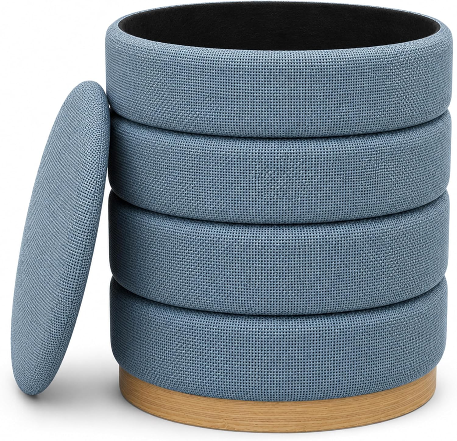 Ottoman Collection Stylish Linen Cylinder Storage Light Blue Round Footrest Vanity Stool Furniture Living Room Small Bench 16" L X16 W X 17" H