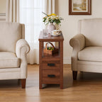 Farmhouse Side Table with Charging Station and 2 Drawers, Antique Nightstand with Open Shelf, Bedside Table for Bedroom and Living Room (Drawer Charger, Walnut)