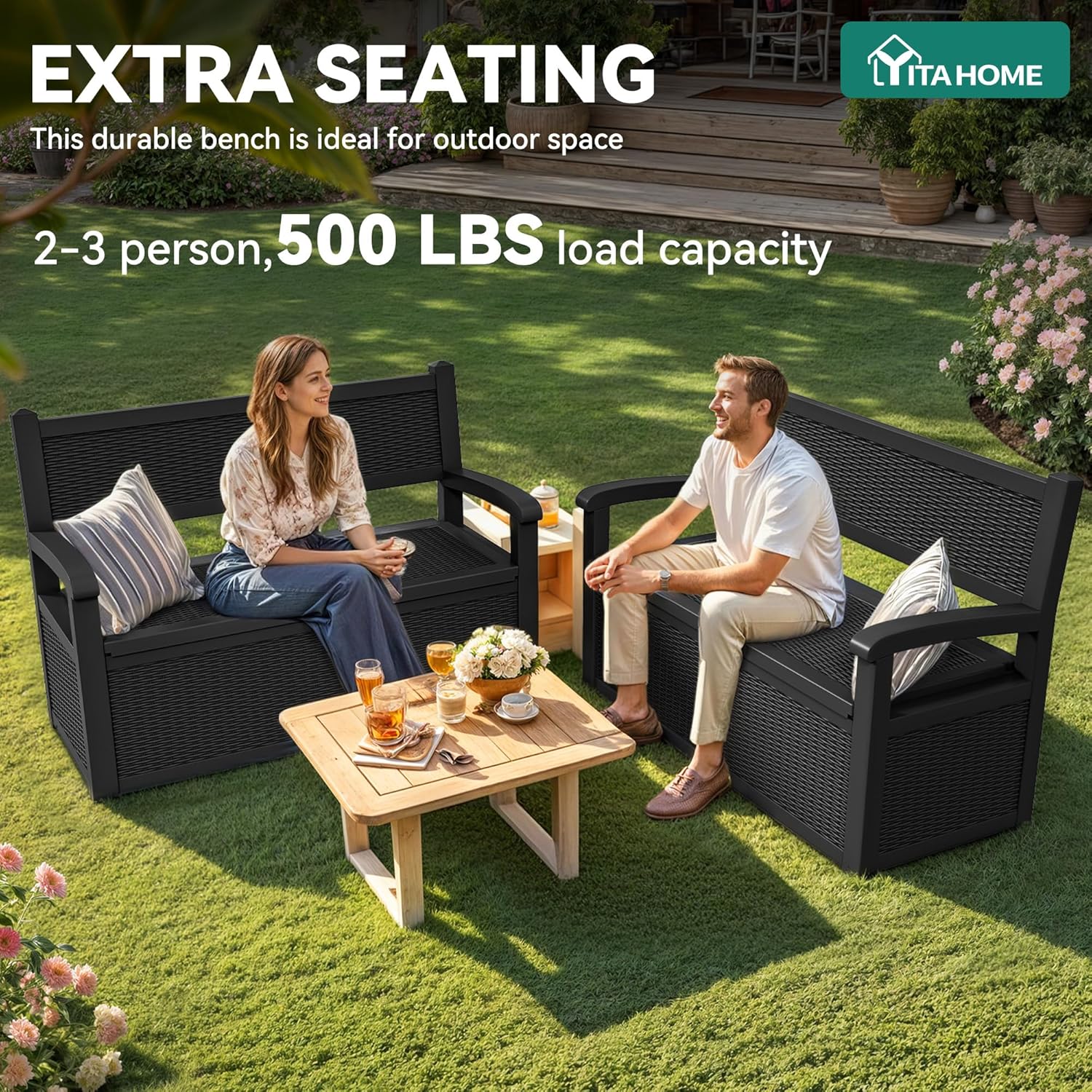 YITAHOME 70 Gallon Deck Bench with Storage, Outdoor Storage Box Bench with Armrests for Patio Garden Pool Porch, Waterproof&Lockable, Black