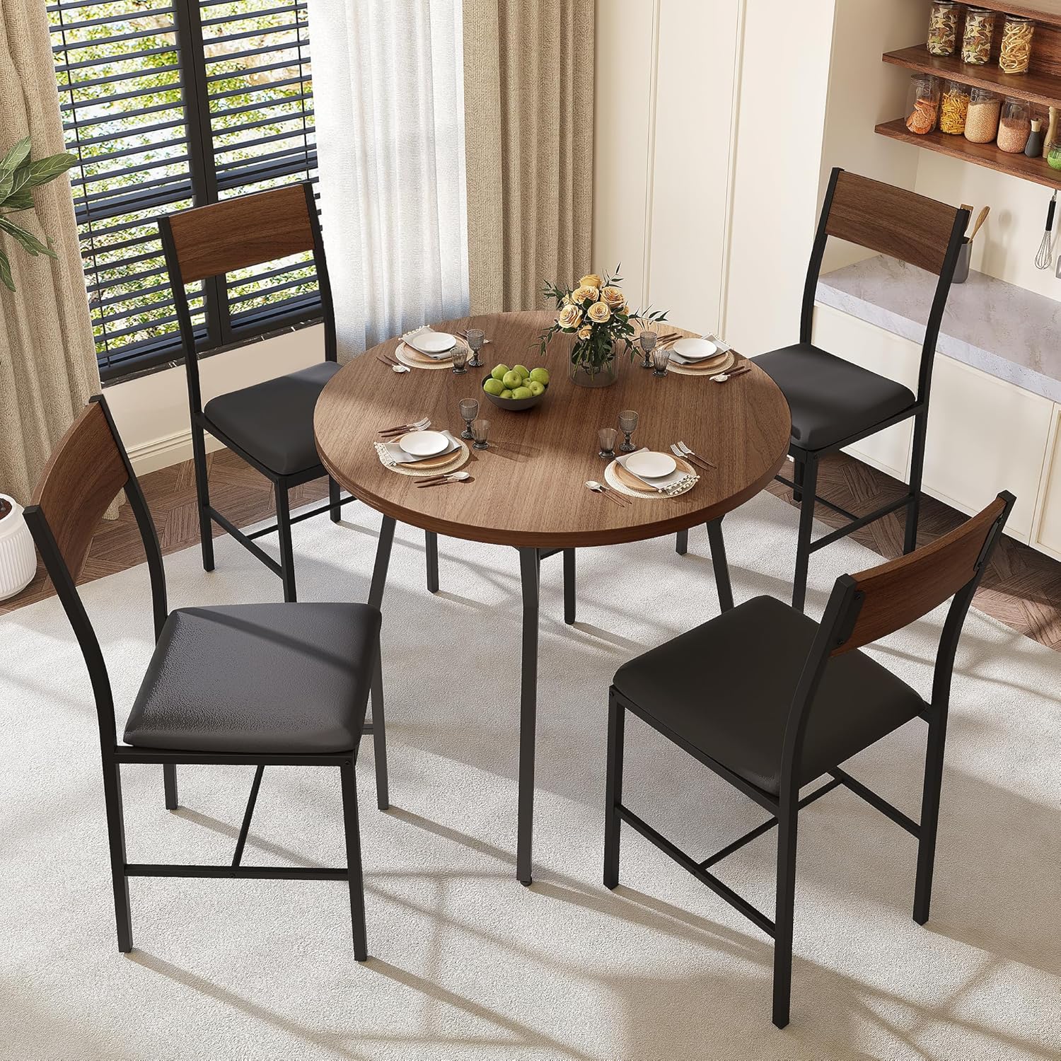 Pamapic Round Dining Table Set for 4, Kitchen Table and Chairs for 4, Dining Room Circle Dinner Pedestal Table, Solid Metal Frame,Space Saving Wood Small Kitchen & Dining Room Furniture,Walnut