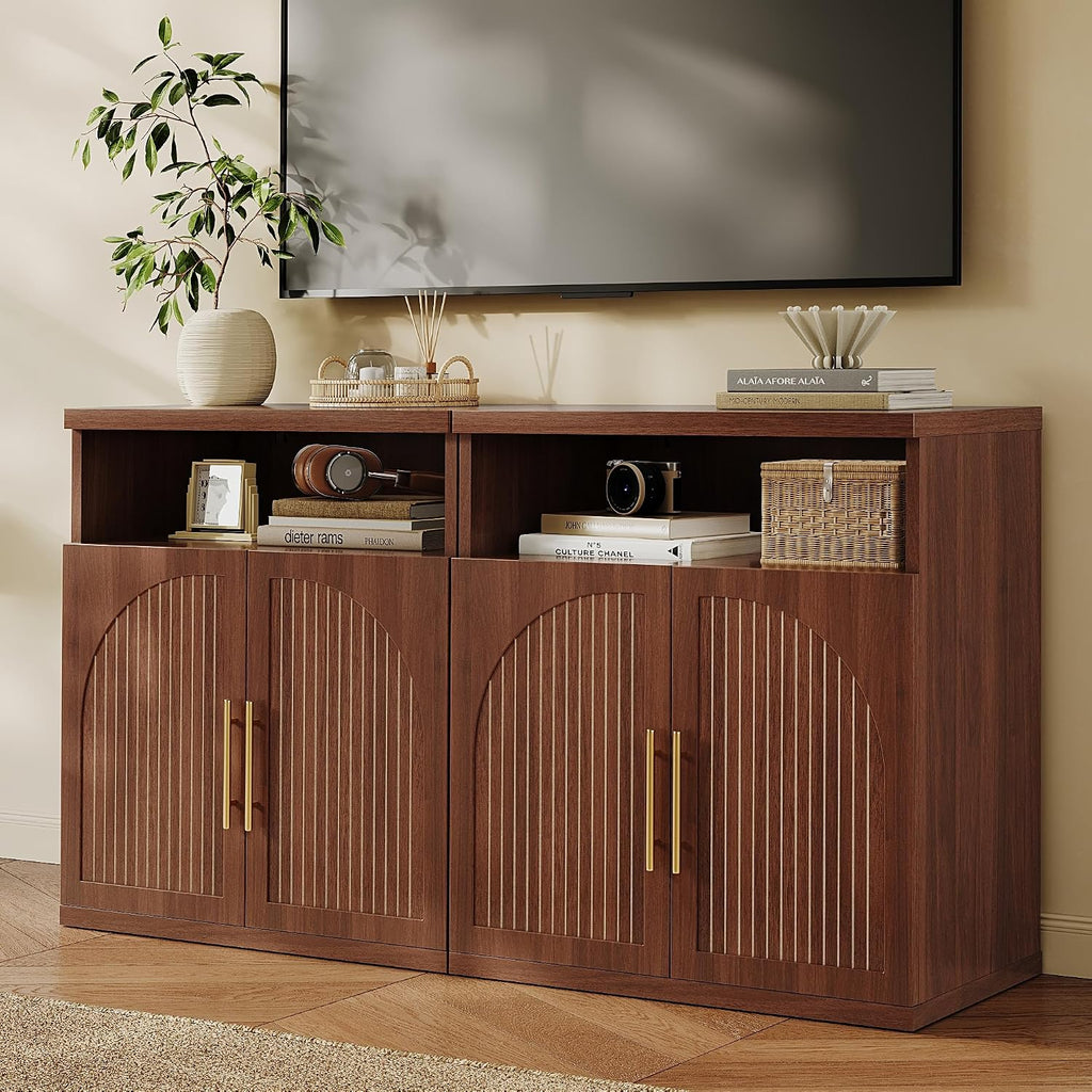 Fluted Buffet Cabinet with Storage, 31.5" Wide Wood Sideboard Credenza with Open Storage Shelf & Adjustable Shelves, Modern Kitchen Entryway Accent Table for Dining Room Living Room Hallway, Walnut
