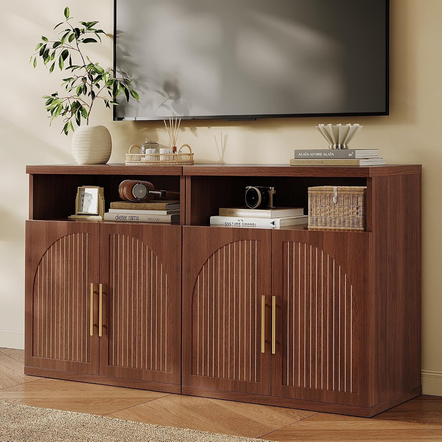 Fluted Buffet Cabinet with Storage, 31.5" Wide Wood Sideboard Credenza with Open Storage Shelf & Adjustable Shelves, Modern Kitchen Entryway Accent Table for Dining Room Living Room Hallway, Walnut
