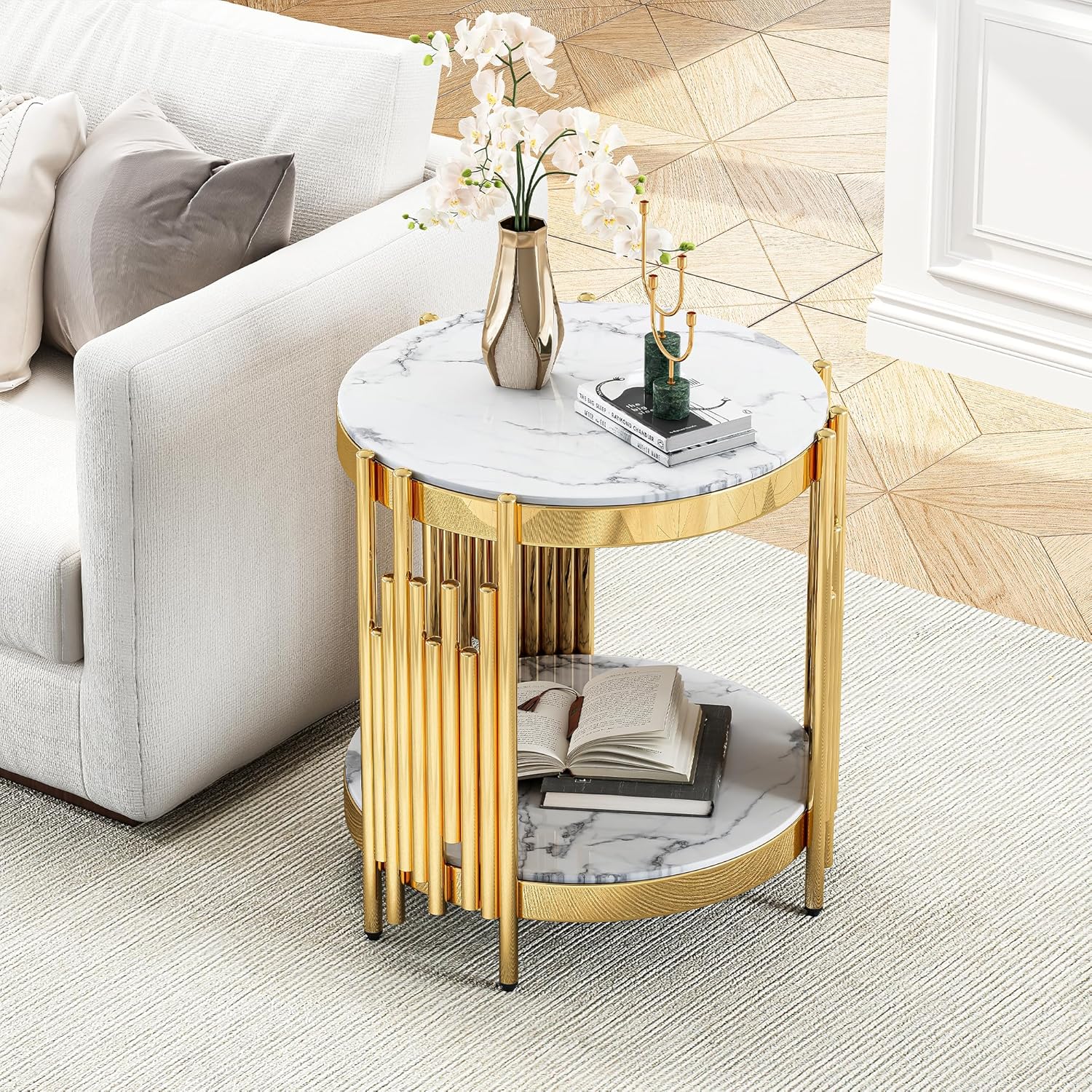 Round 2-Tier End Table, 21" White Faux Marble Top and Gold Stainless Steel Frame, Luxury Modern Side Table for Living or Bedroom