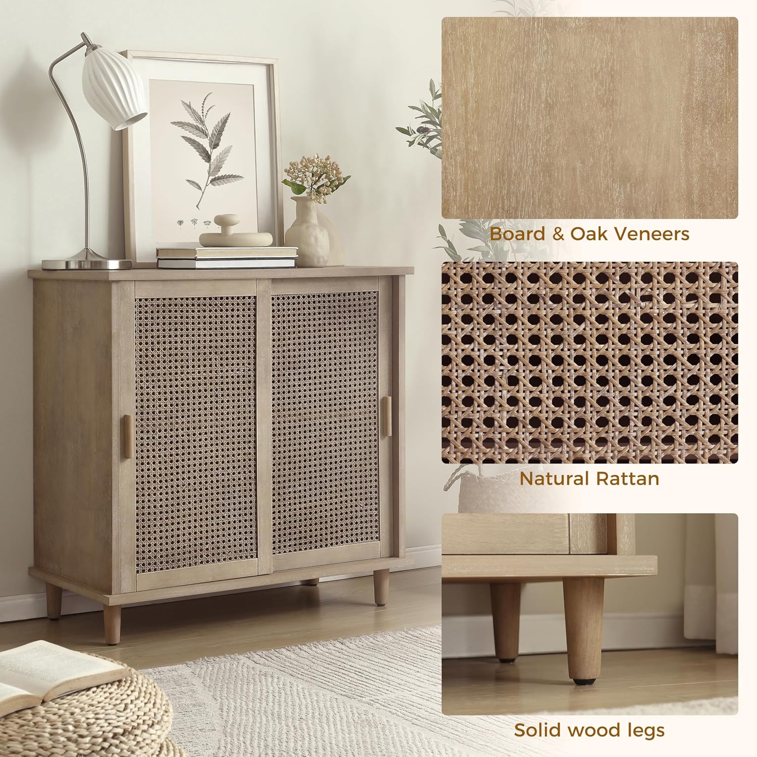 Fat Ant Sideboard Buffet Storage Cabinet, Rattan Credenza Buffet Table, Boho Console Accent Cabinet with Sliding Doors, Coffee Bar Cabinets for Kitchen Entryway Living Room, Natural
