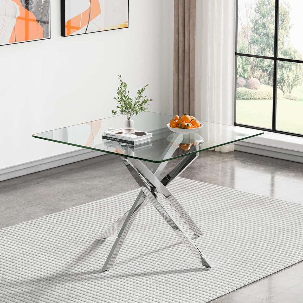 Glass Dining Table,36'' Square Dining Kitchen Table,Modern X-Design Dining Room Table with Silver Metal Base for Dining Room