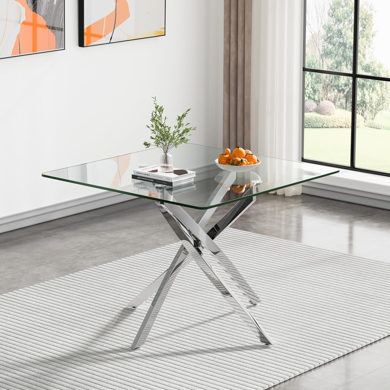 36 inch Square Glass Dining Table, Modern Dining Table for 4, Square Kitchen Table with Tempered Glass Top & Silver Chrome Metal Legs for Dining Room, Living Room, Apartment, Small Space