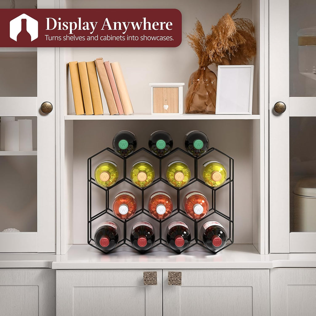 Sorbus 14 Bottle Wine Rack – Stackable Metal Wine Storage Organizer with Honeycomb Design – Cabinet, Pantry, or Bar Wine Bottle Holder – Modern Black Wine Racks Countertop - No Assembly Required