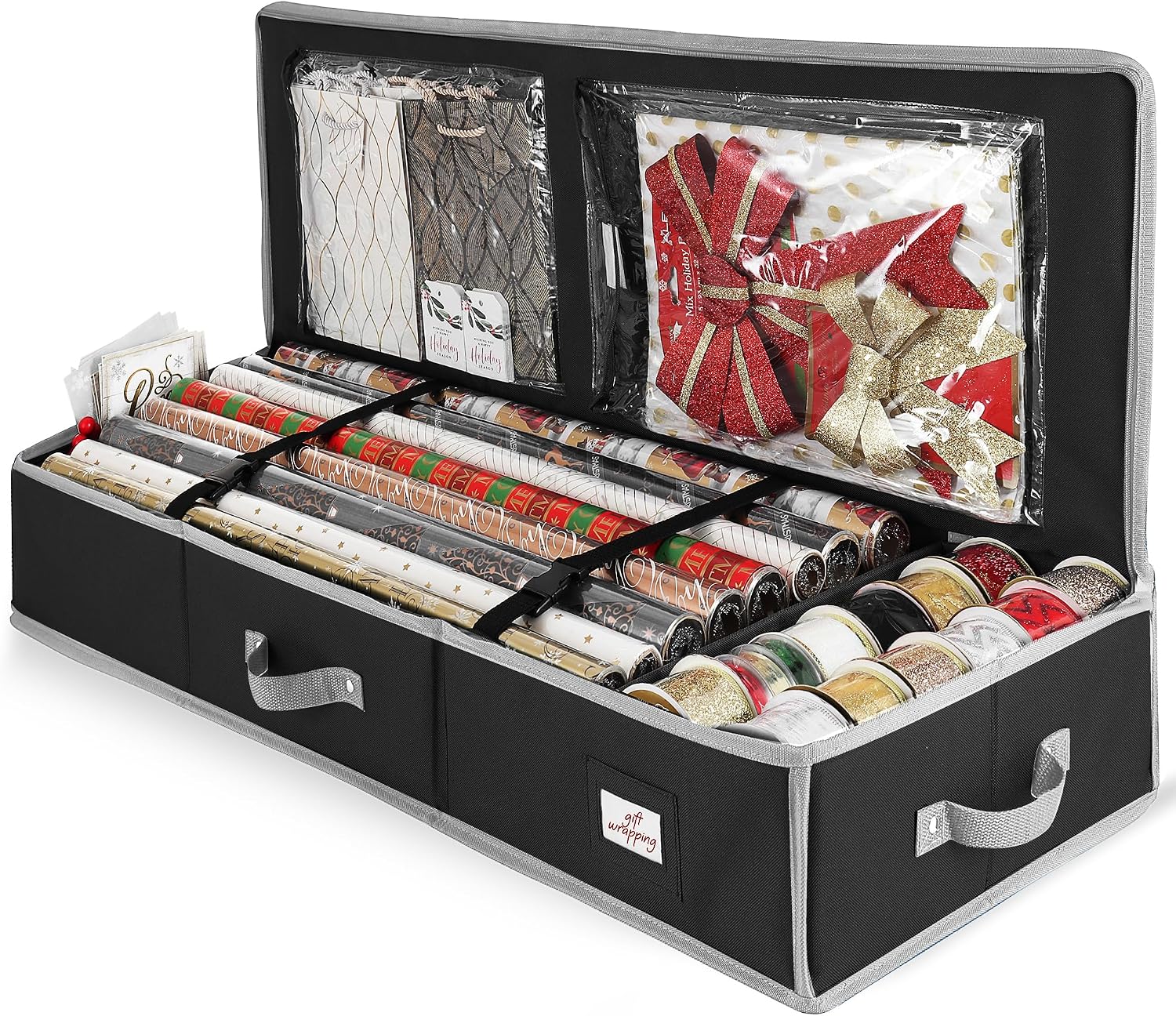 Hearth & Harbor Wrapping Paper Storage Container - Christmas Storage Bag with Interior Pockets - Gift Wrapping Organizer Storage Fits Up to 22 Rolls of 40" - Tear Proof Wrapping Paper Organizer