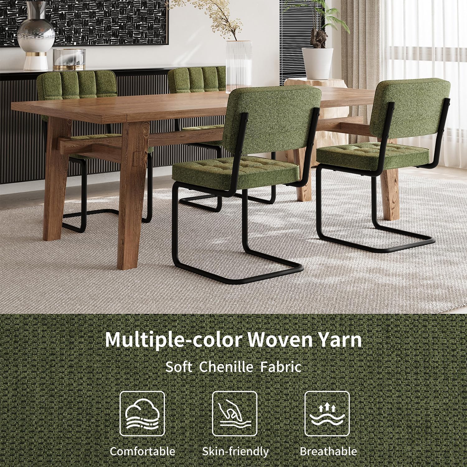 Modern Cantilevered Green Dining Chairs Set of 4, Mid Century Side Dinner Chairs, Armless Backrest, Upholstered Seat, Metal Base, Industrial for Kitchen/Restaurant/Living Room/Cafeteria, Olive