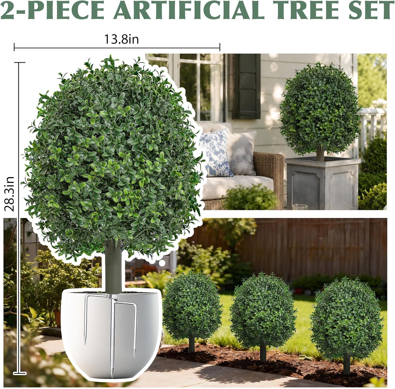 Artificial Boxwood Topiary Trees Outdoor Set of 2, UV Resistant Faux Outdoor Plants with Metal Ground Stakes, Evergreen Boxwood Ball Bushes for Front Porch Patio Garden Entryway Decor