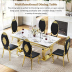 69" Faux Marble Dining Table for 6, Modern Rectangular Kitchen Table with Gold Mirrored Stainless Steel Double H-Shape Base, Luxury Dining Table for Living Room, Home Office