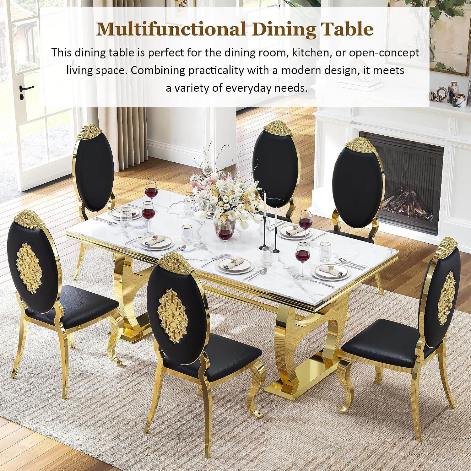 69" Faux Marble Dining Table for 6, Modern Rectangular Kitchen Table with Gold Mirrored Stainless Steel Double H-Shape Base, Luxury Dining Table for Living Room, Home Office