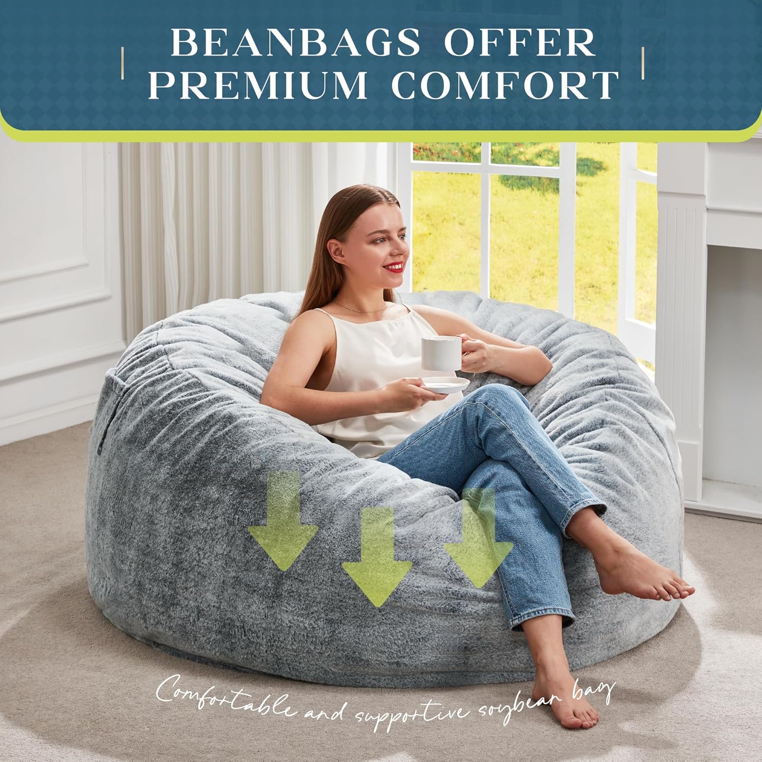 Hobestluk Bean Bag Chair for Adult Giant Beanbag with Filler Grey 3FT | Breathable material Removable Machine Washable Cover Memory Foam Living room Bedroom Reading Gaming Oversized Large Big
