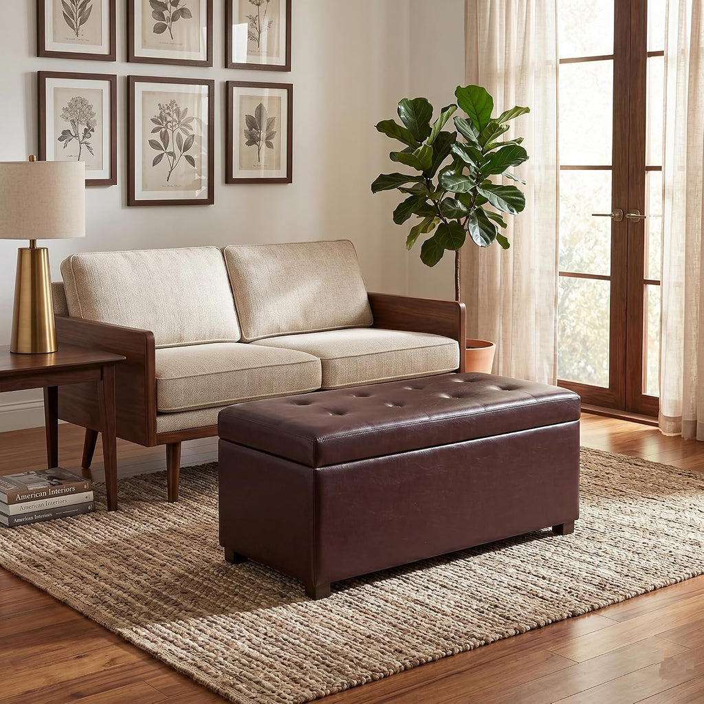 38" Leather Storage Ottoman for Living Room, Rectangular Tufted Storage Bench for Foot, Bright Brown