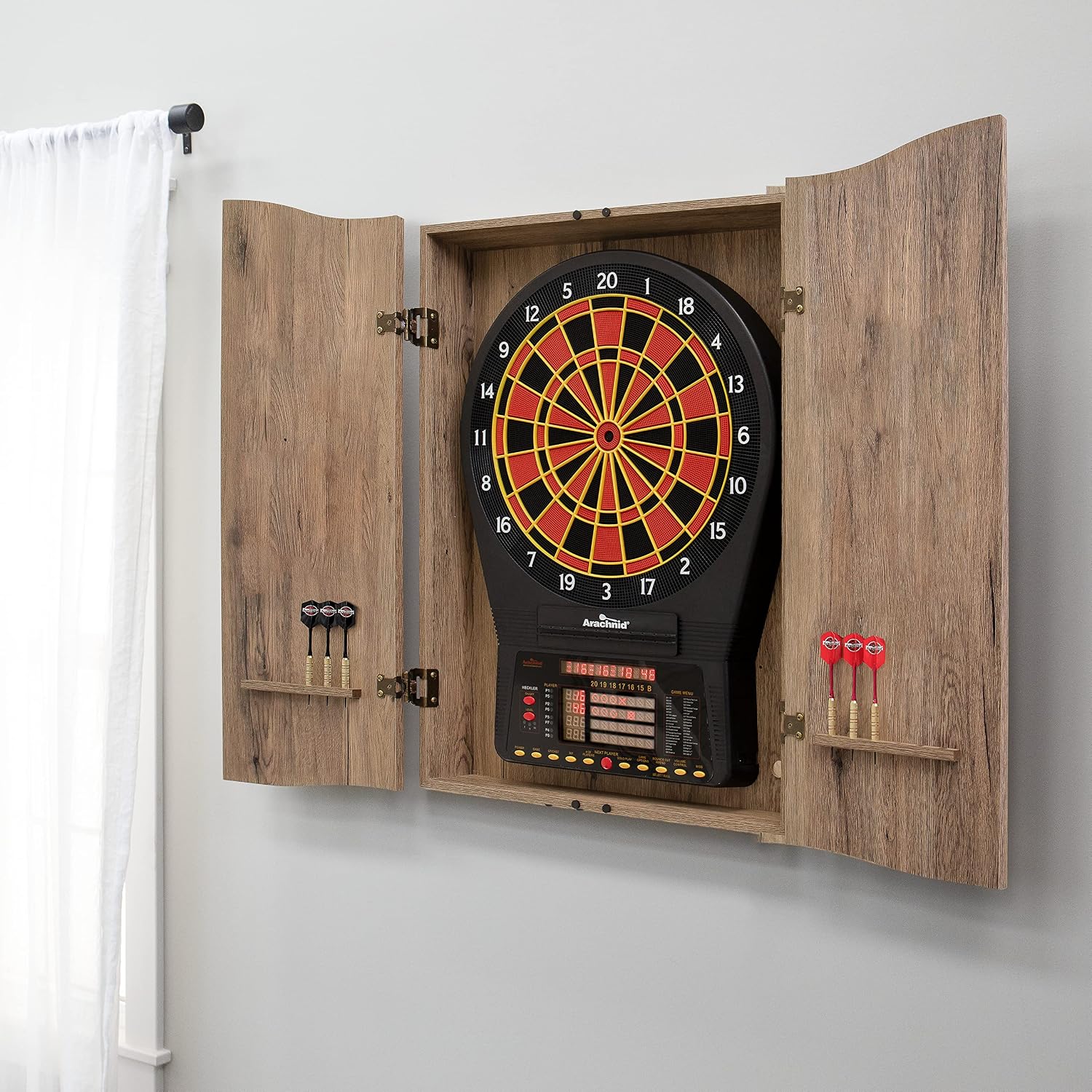 DMI Sports Tan CricketPro Dartboard Cabinet | Designed for Arachnid 15.5” CricketPro 900, 800, 750, 650 Electronic Dartboards | Does Not Include Dartboard