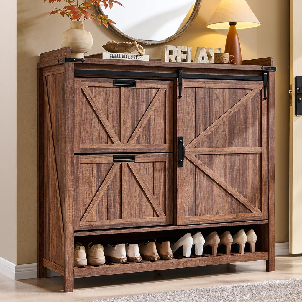 OKD Shoe Storage Cabinet with 2 Flip Drawers & Sliding Door, Farmhouse Entryway Shoe Organizer, Freestanding Rustic Hidden Shoe Rack Cabinet for Entryway, Rustic Walnut